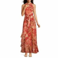 New ???? Alex Marie Helen Foiled Floral Print Sleeveless Crew Neck Tiered Ruffle Front Tie Waist Maxi ???? Dress Red Rust ????