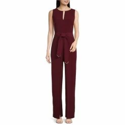 New ???? Alex Marie Lucia Stretch Crepe Tie Waist Crew Keyhole Neck Sleeveless Belted Jumpsuit Burgundy ????