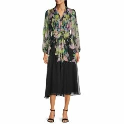 Flash Sale ???? Alex Marie Serena Chiffon Floral Print Pleated V-Neck Long Sleeve A-Line Midi ???? Dress Green Floral Multi ????