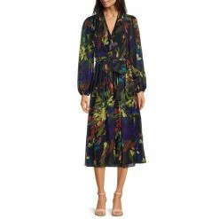 Best reviews of ???? Alex Marie Hayden Floral Print Tie Waist V-Neck Long Blouson Sleeve A-Line Chiffon Midi ???? Dress Navy Multi ????