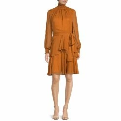 Top 10 ???? Alex Marie Rosalia Long Split Sleeve Smocked Mock Neck Tie Waist Layered A-Line ???? Dress Olive ????