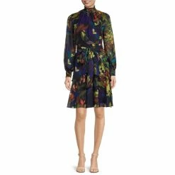 Cheapest ???? Alex Marie Petite Size Floral Print Rosalia Long Split Sleeve V-Neck ???? Dress Navy Multi ????