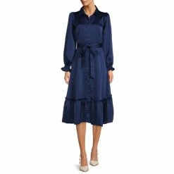 Promo ⌛ Alex Marie Kerry Satin Long Sleeve Button Down Collar Tie Waist Tiered Ruffle Midi ???? Shirt ???? Dress Twilight ????