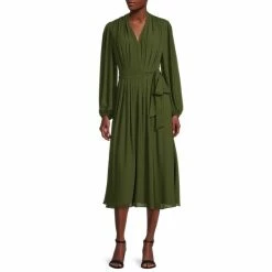 Best Pirce ???? Alex Marie Hayden V-Neck Long Poet Sleeve Belted Pleated Chiffon Midi ???? Dress Olive ⌛