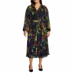 Best Sale ???? Alex Marie Plus Size Hayden Floral Print V-Neck Long Blouson Sleeve Pleated Tie Waist Midi ???? Dress Navy Multi ????