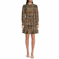Discount ???? Alex Marie Jesse Paisley Print Point Collar Long Sleeve Pleat Tie Waist Tiered Flounce Hem ???? Shirt ???? Dress ????