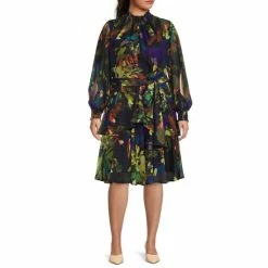 Discount ???? Alex Marie Plus Size Rosalia Long Split Sleeve Smocked Mock Neck Floral Print Tie Waist ???? Dress Navy Multi ✔️