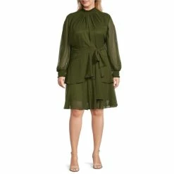 Cheap ???? Alex Marie Plus Size Rosalia Long Split Sleeve Mock Neck Tie Waist ???? Dress Olive ✨