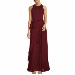 Best Sale ???? Alex Marie Colette Sleeveless Keyhole Neck Tie Waist Ruffle Front Sheath Gown Burgundy ⌛