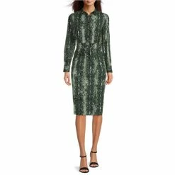 Best Sale ???? Alex Marie Kaley Snake Print Button Front Point Collar Long Sleeve Drawstring Waist ???? Shirt ???? Dress Green Snake ????