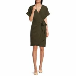 Buy ???? Alex Marie Marla Surplice V-Neck Short Sleeve Tie Waist Wrap ???? Dress Yellow ????