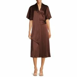 Budget ???? Alex Marie Giselle Satin Surplice V-Neck Drape Front Short Kimono Sleeve Midi ???? Dress Cocoa ????