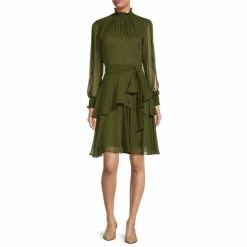 Budget ???? Alex Marie Petite Size Rosalia Long Split Sleeve V-Neck ???? Dress Olive ????