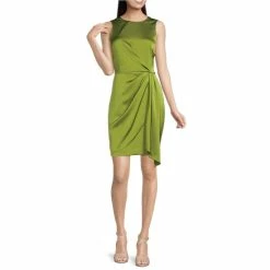 Hot Sale ???? Alex Marie Naidine Draped Satin Round Neck Sleeveless Side Ruched Sheath ???? Dress Olive ????