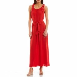 Top 10 ???? Alex Marie Kyla Tie Shoulder Gathered Scoop Neck Sleeveless Maxi ???? Dress Flame ✨