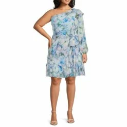 Top 10 ???? Alex Marie Plus Size Sophie One Shoulder Long Sleeve Tie Waist A-Line ???? Dress Blue Mist ????