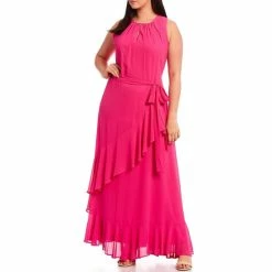 Brand new ???? Alex Marie Plus Size Colette Chiffon Sleeveless Crew Keyhole Neck Belt Sash Gown Pop Pink ✔️