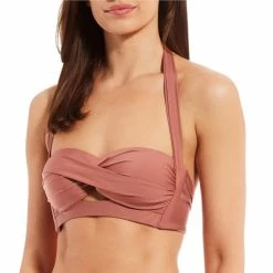Hot Sale ???? Alex Marie Solid Cutout Twist Halter Swim Top Rouge ????