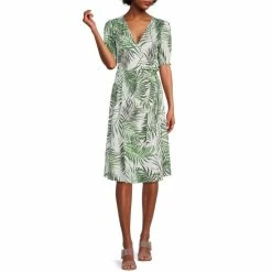 Best reviews of ✨ Alex Marie Ashlyn Palm Print Short Puff Sleeve V-Neck Wrap ???? Dress ⭐