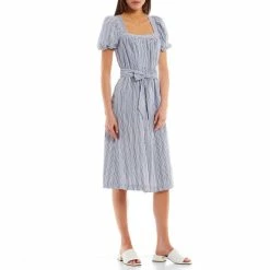 Coupon ⌛ Alex Marie Logan Stripe Square Neck Short Sleeve Tie Waist Midi ???? Dress Blue/white ⌛
