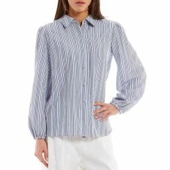 Top 10 ???? Alex Marie Logan Button Down Collar Long Sleeve Elastic Cuff Striped Blouse Blue/white ????