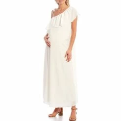 Deals ✨ Alex Marie Tess One Shoulder Flutter Neck Short Sleeve Tie Strap Waistless Maternity Maxi ???? Dress Ivory ⌛