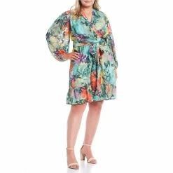 Hot Sale ???? Alex Marie Plus Size Simone Floral Printed Burnout V-Neck Long Sleeve A-Line ???? Dress Sage Multi ✔️