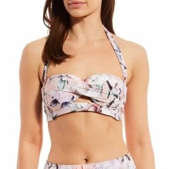 Deals ???? Alex Marie Ornate Bloom Floral Print Cutout Twist Halter Swim Top Mauve ????