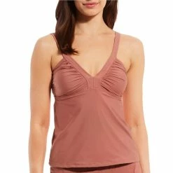 Budget ✨ Alex Marie Solid V-Neck Tummy Control Tankini Swim Top Rouge ????