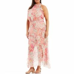 Best Pirce ???? Alex Marie Plus Size Fiona Floral Print Halter Neck Sleeveless Asymmetric Hem ???? Dress Pink Teal ????