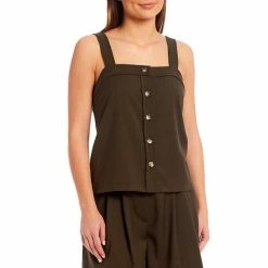 Discount ???? Alex Marie Kaci Button Front Square Neck Sleeveless Coordinating Tank Top Olive ????