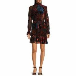 Cheap ✔️ Alex Marie Dakota Burnout Velvet High Neck Long Sleeve Tiered ???? Dress Red Multi ✔️