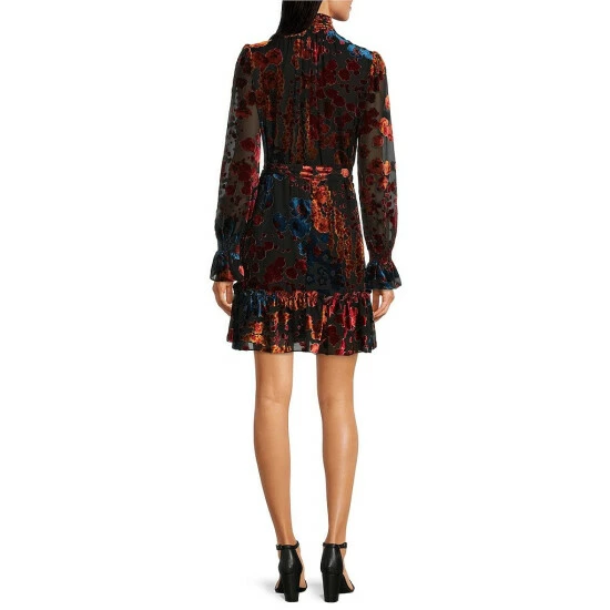 Cheap ✔️ Alex Marie Dakota Burnout Velvet High Neck Long Sleeve Tiered ???? Dress Red Multi ✔️ 2 Cheap ✔️ Alex Marie Dakota Burnout Velvet High Neck Long Sleeve Tiered ???? Dress Red Multi ✔️ - Image 2