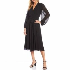 Wholesale ✔️ Alex Marie Hayden Tie Waist V-Neck Long Blouson Sleeve A-Line Chiffon Midi ???? Dress Black ????