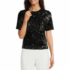 Best Pirce ???? Alex Marie Lia Sequin Crew Neck Short Sleeve Velvet Blouse Black ❤️