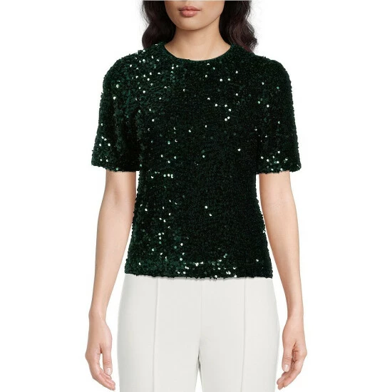 Best Pirce ???? Alex Marie Lia Sequin Crew Neck Short Sleeve Velvet Blouse Black ❤️ 4 Best Pirce ???? Alex Marie Lia Sequin Crew Neck Short Sleeve Velvet Blouse Black ❤️ - Image 4