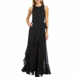Cheapest ???? Alex Marie Colette Sleeveless Keyhole Crew Neck Tie Waist Tiered Ruffle Hem Maxi Gown Royal Blue ????