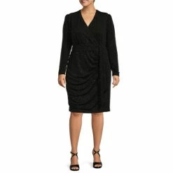 Outlet ???? Alex Marie Plus Size Chrissy Surplice V-Neck Long Sleeve Metallic Knit Faux Wrap ???? Dress Black ????