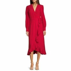 Best deal ⭐ Alex Marie Aria Stretch Crepe V-Neck Long Sleeve Belted Cascading Ruffle Wrap Midi ???? Dress Holly ????