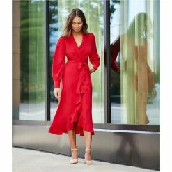 Best deal ⭐ Alex Marie Aria Stretch Crepe V-Neck Long Sleeve Belted Cascading Ruffle Wrap Midi ???? Dress Holly ???? -Alex Marie shop unnamed file 318