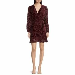 Wholesale ✔️ Alex Marie Maren Velvet Animal Print Burnout Surplice V-Neck Long Sleeve Wrap ???? Dress Burgundy ????