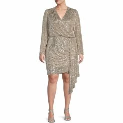 Cheap ???? Alex Marie Plus Size Milly Sequin Surplice V-Neck Long Sleeve ???? Dress Silver ????