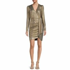 Promo ❤️ Alex Marie Chrissy Metallic Knit Surplice V-Neck Long Sleeve Faux Wrap ???? Dress Black ✨
