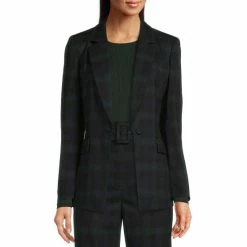 New ???? Alex Marie Carlotta Plaid Print Notch Lapel Long Sleeve Jacket Pine Plaid ????