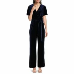 Wholesale ???? Alex Marie Beth V-Neck Short Sleeve Stretch Velvet Tie Waist Jumpsuit Navy ????