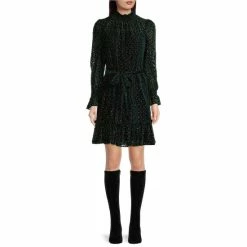 Best Pirce ???? Alex Marie Petite Size Skyler Metallic Velvet Burnout Long Sleeve Mock Neck ???? Dress Teal/gold ✔️