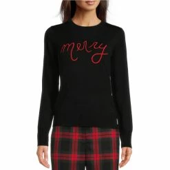 Best Sale ???? Alex Marie Merry Embroidered Script Crew Neck Long Sleeve Festive Sweater Black ⭐