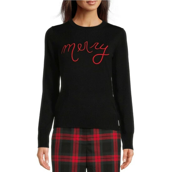 Best Sale ???? Alex Marie Merry Embroidered Script Crew Neck Long Sleeve Festive Sweater Black ⭐ 1 Best Sale ???? Alex Marie Merry Embroidered Script Crew Neck Long Sleeve Festive Sweater Black ⭐