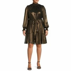 Best Sale ✨ Alex Marie Plus Size Rosalia Foiled Chiffon Mock Neck ???? Dress Black/gold ❤️