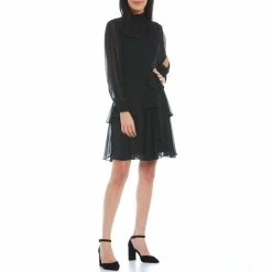 Best Sale ???? Alex Marie Rosalia Long Split Sleeve Mock Neck Tiered Ruffle A-Line ???? Dress Black ????